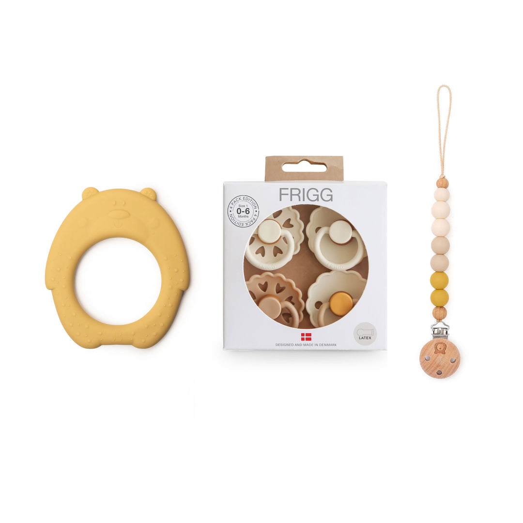 JBØRN Silicone Bear Teether + FRIGG Pacifiers & Matching Clip - Personalisable Baby Products Sold and Personalised by JustBørn