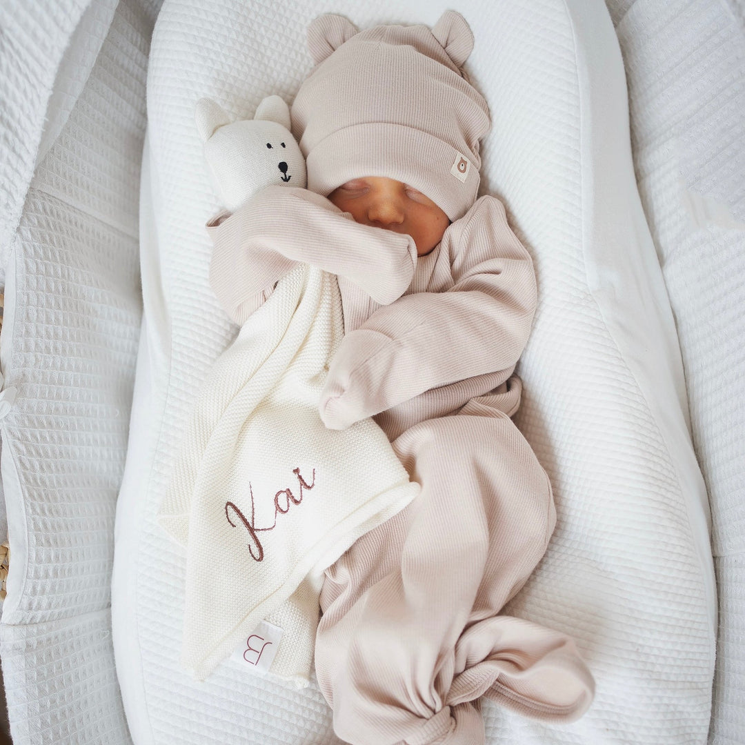 JBØRN Organic Cotton Knotted Baby Gown & Hat - Personalisable Baby Products Sold and Personalised by JustBørn