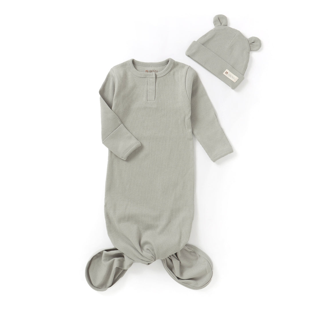 JBØRN Organic Cotton Knotted Baby Gown & Hat Grey - Personalisable Baby Products Sold and Personalised by JustBørn