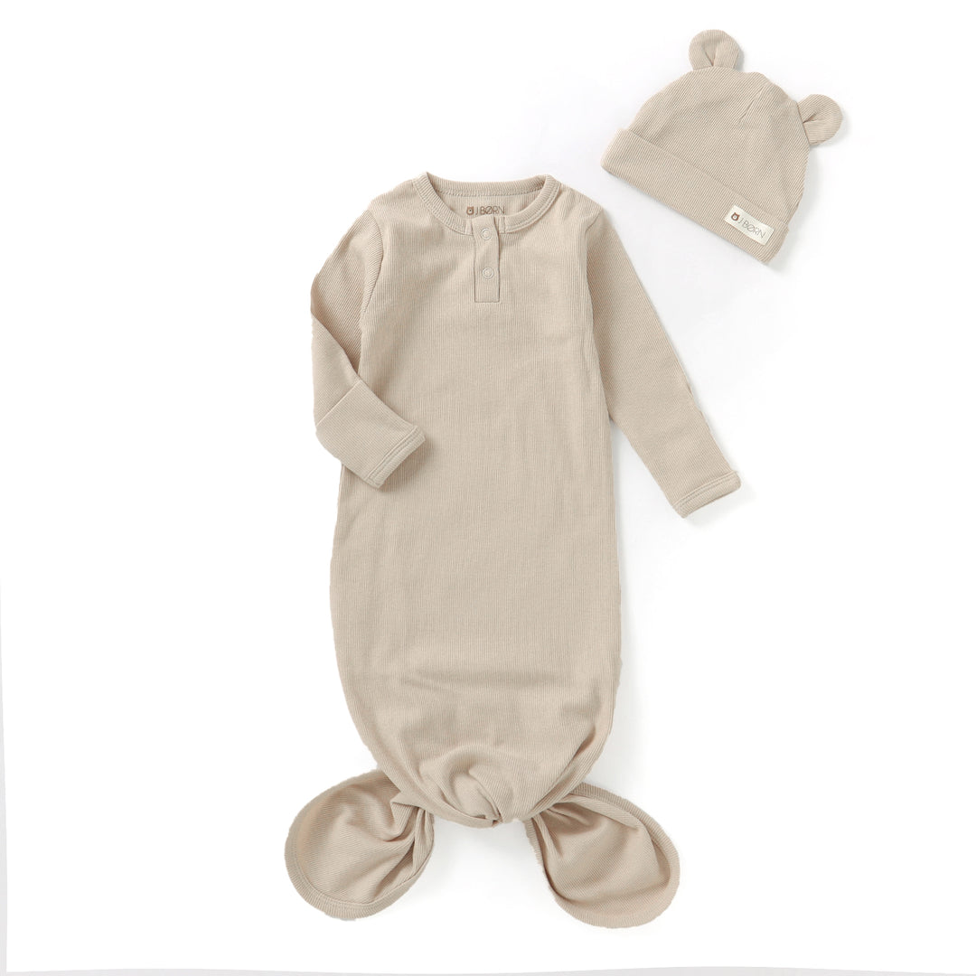 JBØRN Organic Cotton Knotted Baby Gown & Hat Sandstone - Personalisable Baby Products Sold and Personalised by JustBørn