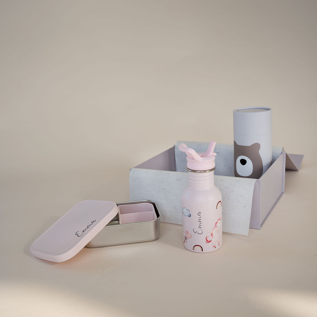 JBØRN Personalised Set | Water Bottle & Lunch Box Set Unicorns Lunch Box Set - Personalisable Baby Products Sold and Personalised by JustBørn
