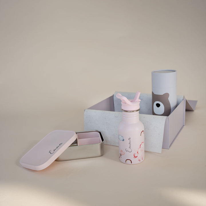 JBØRN Personalised Set | Water Bottle & Lunch Box Set Unicorns Lunch Box Set - Personalisable Baby Products Sold and Personalised by JustBørn