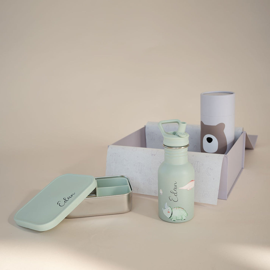 JBØRN Personalised Set | Water Bottle & Lunch Box Set Dino Lunch Box Set - Personalisable Baby Products Sold and Personalised by JustBørn