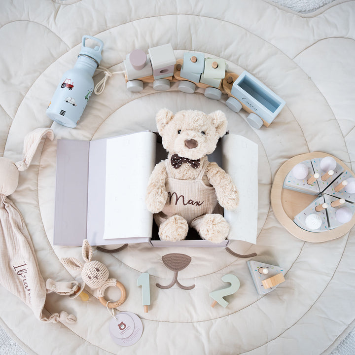 JBØRN Beige Teddy Bear Soft Toy with Personalised Outfit - Personalisable Baby Products Sold and Personalised by JustBørn