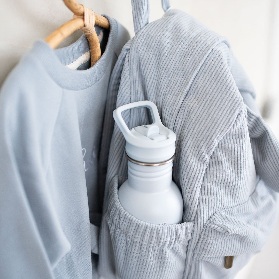 JBØRN Personalised Set | Backpack & Water Bottle Set Powder Blue Backpack & Road Trip Bottle Set - Personalisable Baby Products Sold and Personalised by JustBørn