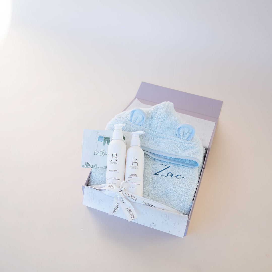 JBØRN Baby Gift Set | JBØRN Bath Robe & Skin Care - Personalisable Baby Products Sold and Personalised by JustBørn