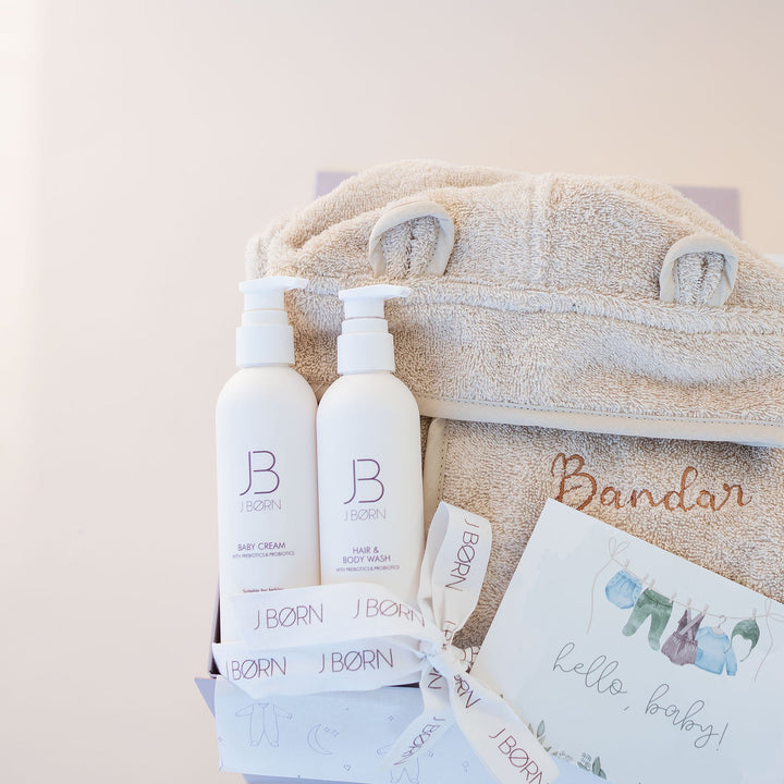 JBØRN Baby Gift Set | JBØRN Bath Robe & Skin Care - Personalisable Baby Products Sold and Personalised by JustBørn