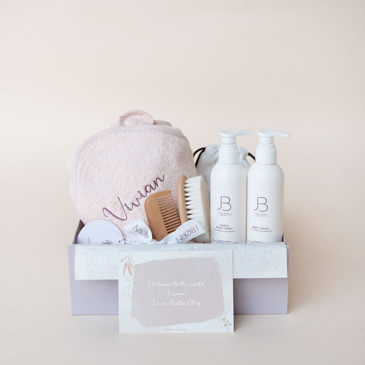 JBØRN Luxury Baby Bath Gift Set | Hooded Towel, Hair Brushes & Skin Care Set - Personalisable Baby Products Sold and Personalised by JustBørn