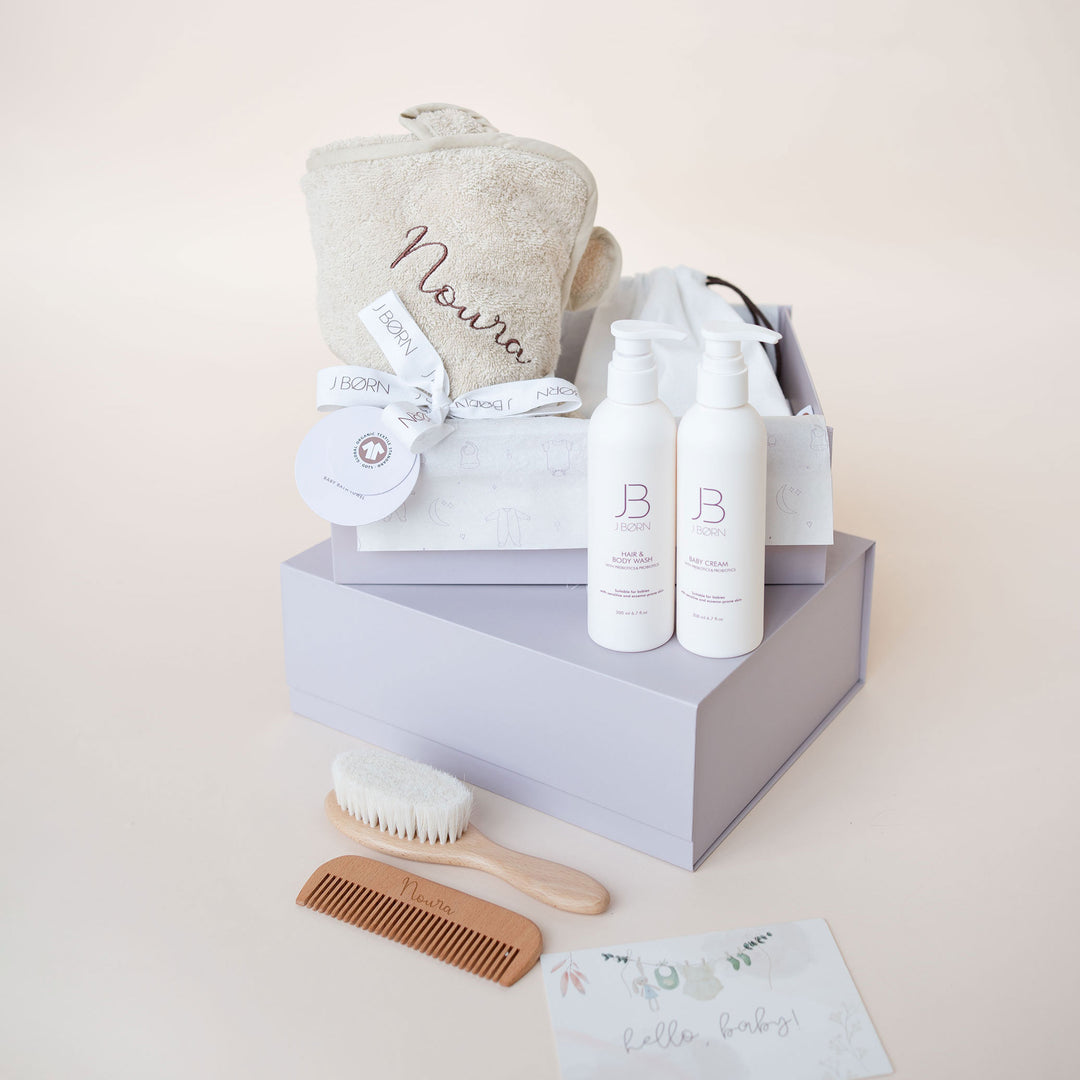 JBØRN Luxury Baby Bath Gift Set | Hooded Towel, Hair Brushes & Skin Care Set - Personalisable Baby Products Sold and Personalised by JustBørn