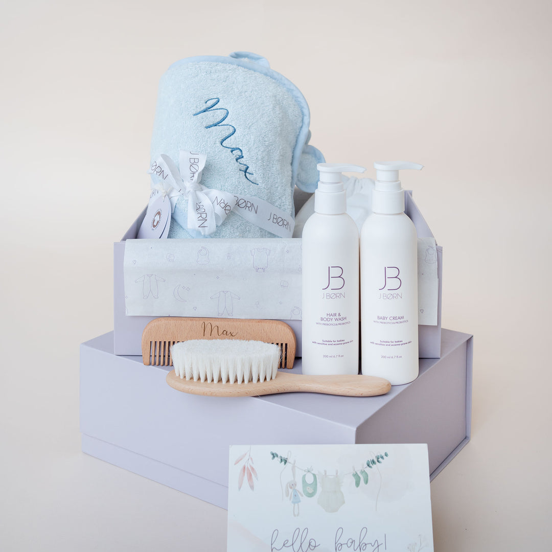 JBØRN Luxury Baby Bath Gift Set | Hooded Towel, Hair Brushes & Skin Care Set - Personalisable Baby Products Sold and Personalised by JustBørn