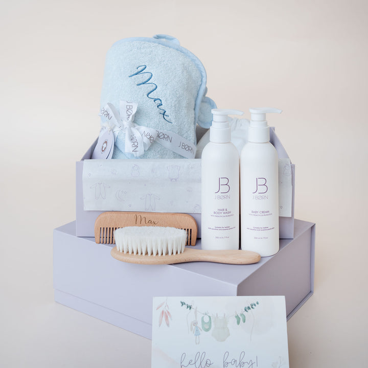 JBØRN Luxury Baby Bath Gift Set | Hooded Towel, Hair Brushes & Skin Care Set - Personalisable Baby Products Sold and Personalised by JustBørn