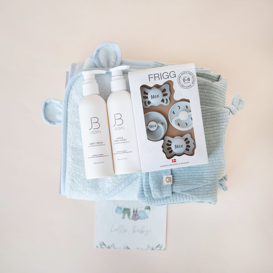 JBØRN New Born Gift Set | First Pacifiers, Organic Cotton Towel, Sleep Suit & Skin Care Set Powder Blue - Personalisable Baby Products Sold and Personalised by JustBørn