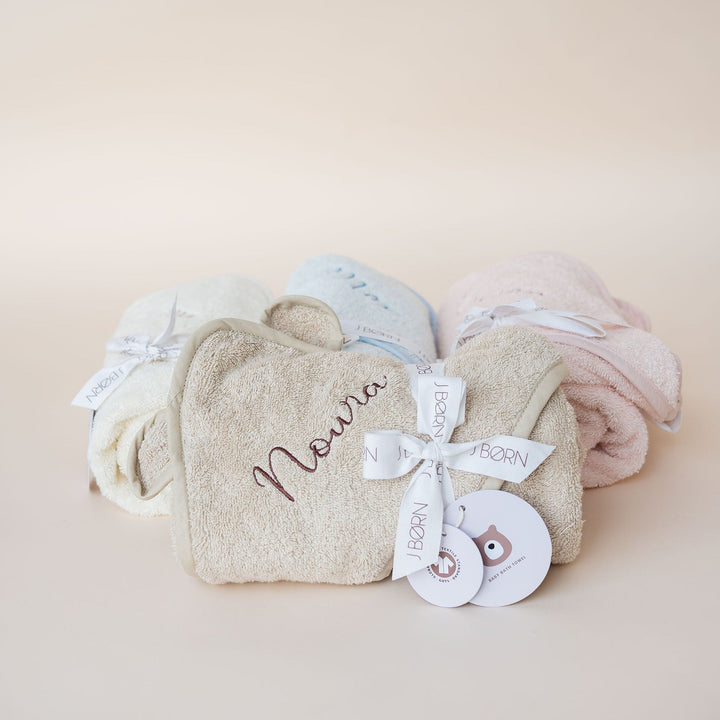 JBØRN Organic Cotton Baby Hooded Towel with Ears Blossom Towel - Personalisable Baby Products Sold and Personalised by JustBørn