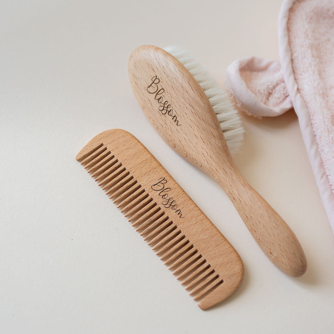 JBØRN Natural Beechwood Hairbrush & Comb Set - Personalisable Baby Products Sold and Personalised by JustBørn