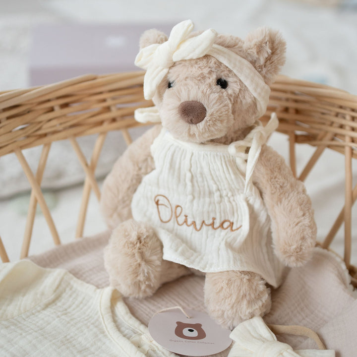 JBØRN Beige Teddy Bear Soft Toy with Personalised Outfit Teddy in Ivory Dress - Personalisable Baby Products Sold and Personalised by JustBørn