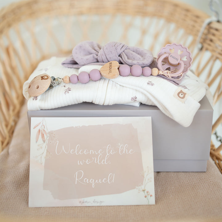 JBØRN Lilac Baby Girl Gift Set | Organic Cotton Lightweight Sleep Suit & Accessories - Personalisable Baby Products Sold and Personalised by JustBørn