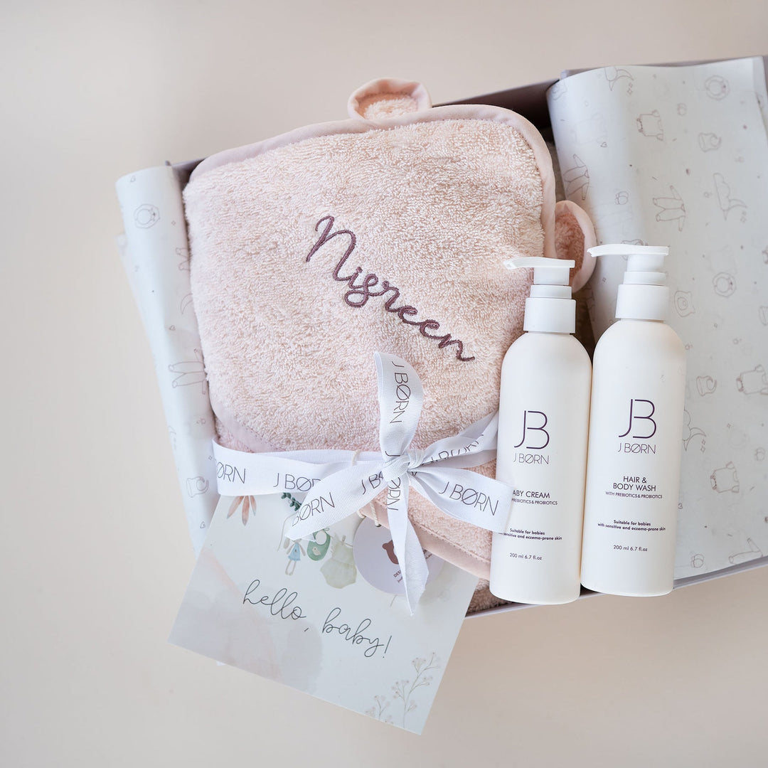 JBØRN Baby Care Gift Box | Organic Cotton Towel & Skin Care Set - Personalisable Baby Products Sold and Personalised by JustBørn