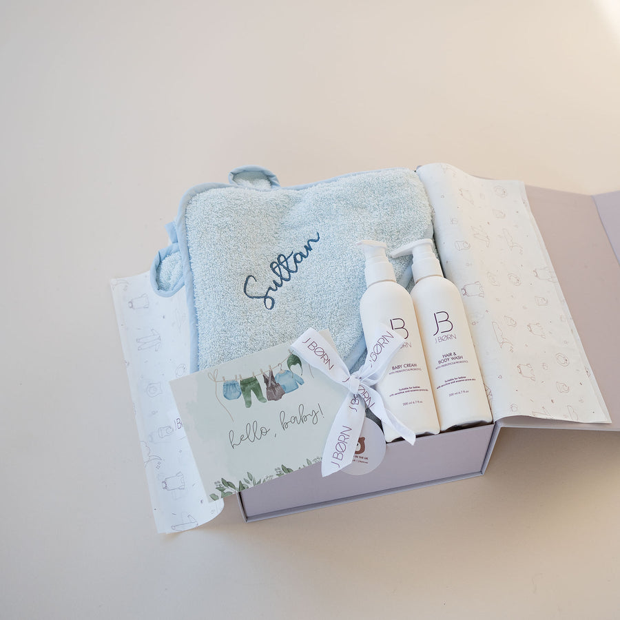 JBØRN Baby Care Gift Box | Organic Cotton Towel & Skin Care Set - Personalisable Baby Products Sold and Personalised by JustBørn