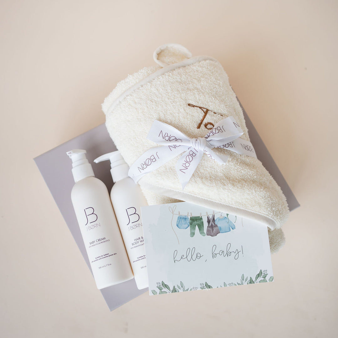 JBØRN Baby Care Gift Box | Organic Cotton Towel & Skin Care Set - Personalisable Baby Products Sold and Personalised by JustBørn