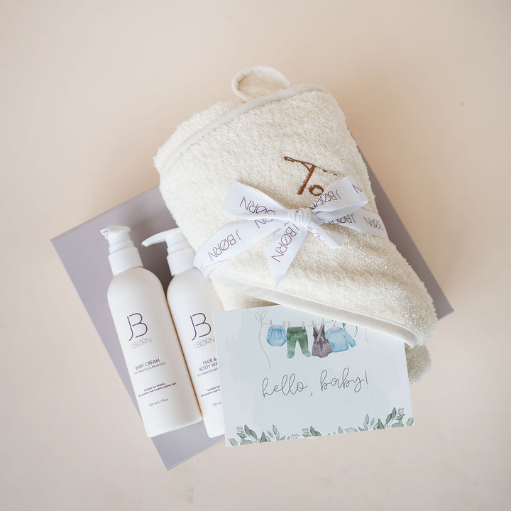 JBØRN Baby Care Gift Box | Organic Cotton Towel & Skin Care Set - Personalisable Baby Products Sold and Personalised by JustBørn