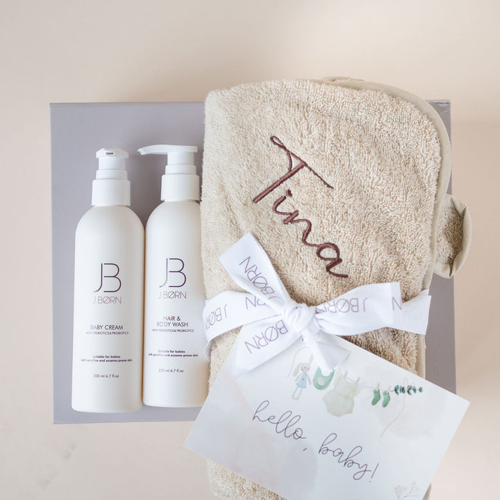 JBØRN Baby Care Gift Box | Organic Cotton Towel & Skin Care Set - Personalisable Baby Products Sold and Personalised by JustBørn