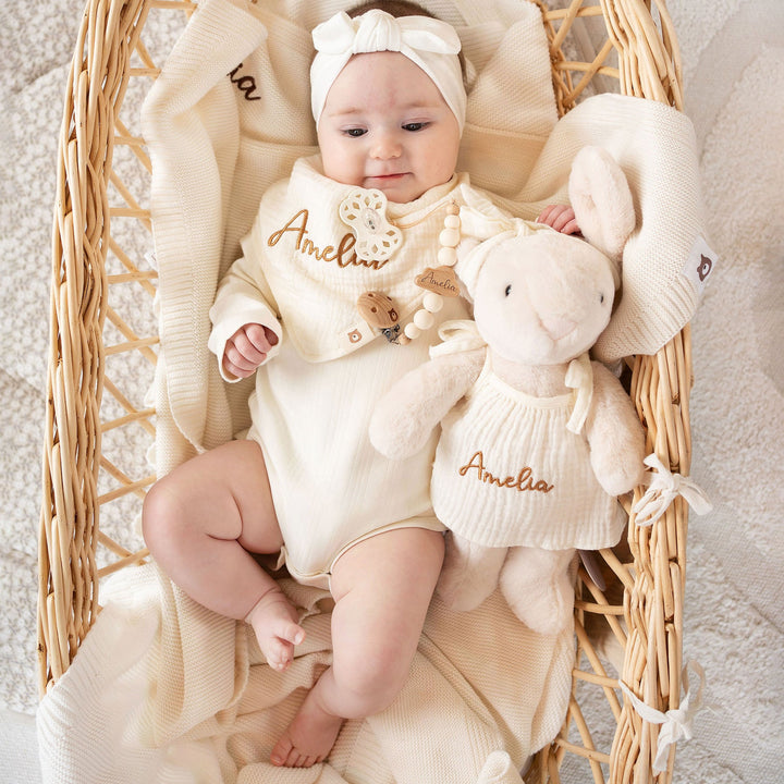 JBØRN Baby Gift Set | Bunny Soft Toy & Matching Muslin Baby Bib - Personalisable Baby Products Sold and Personalised by JustBørn