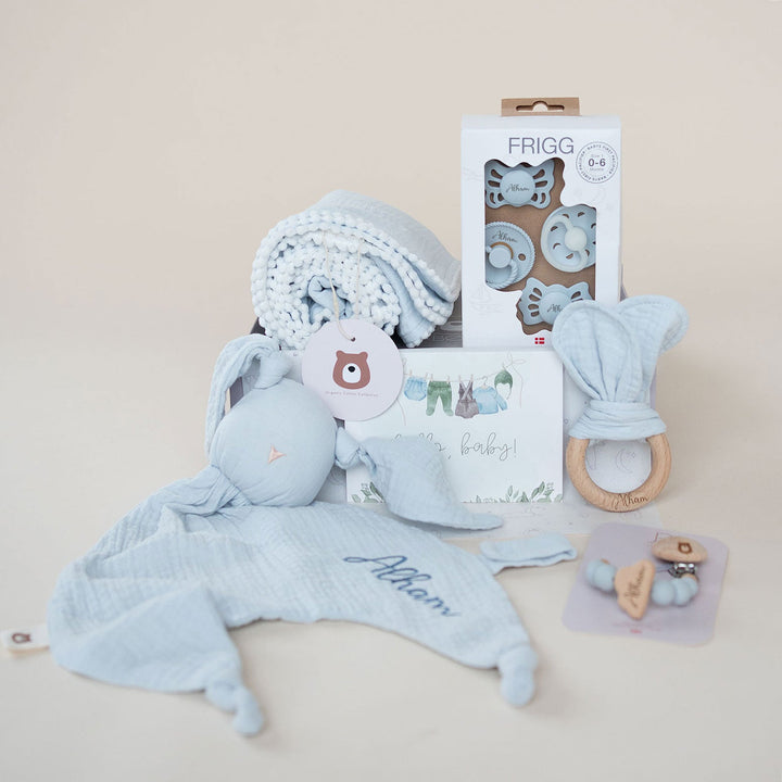 JBØRN Baby Gift Set | Luxury Newborn Muslin Bundle Muslin Powder Blue - Personalisable Baby Products Sold and Personalised by JustBørn