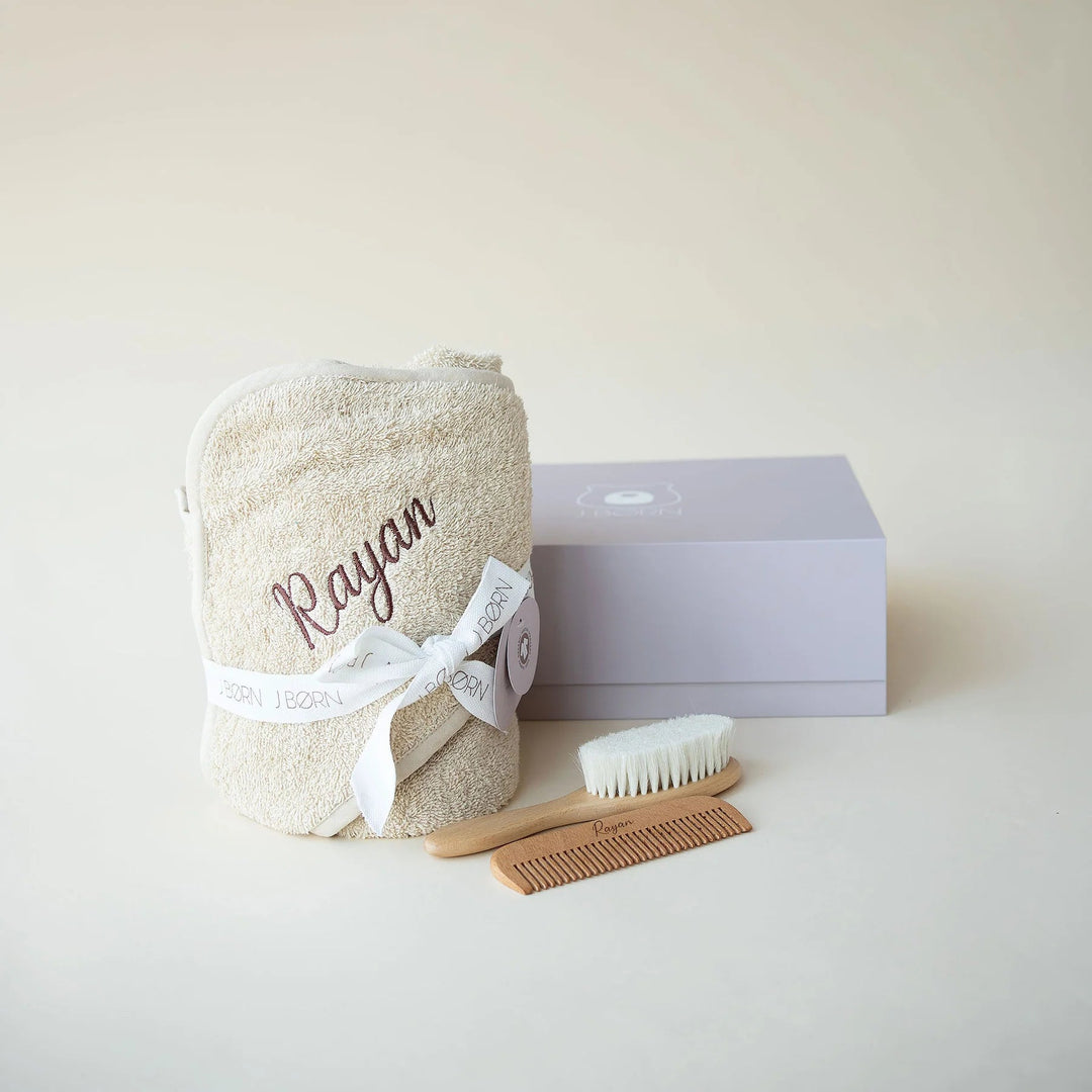 JBØRN Baby Gift Set | Organic Cotton Towel & Hair Brush Set - Personalisable Baby Products Sold and Personalised by JustBørn