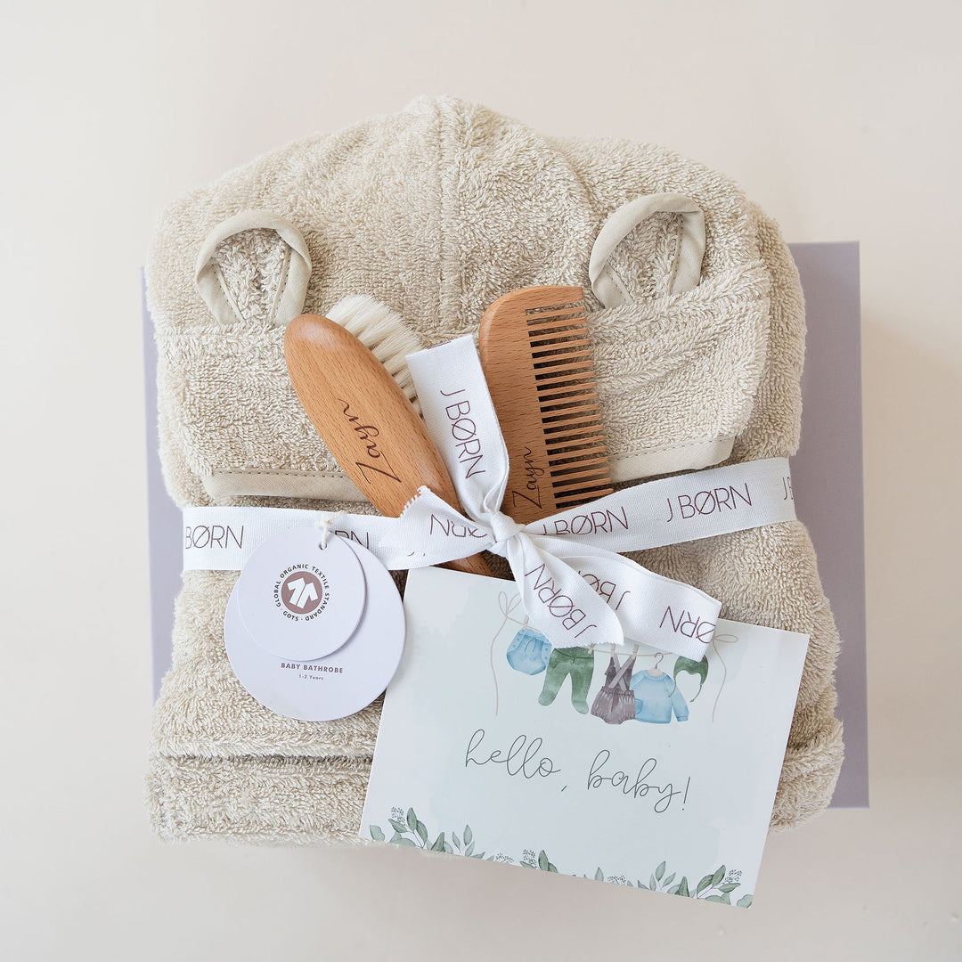 JBØRN Baby Gift Set | Organic Cotton Bathrobe & Hair Brush Set - Personalisable Baby Products Sold and Personalised by JustBørn
