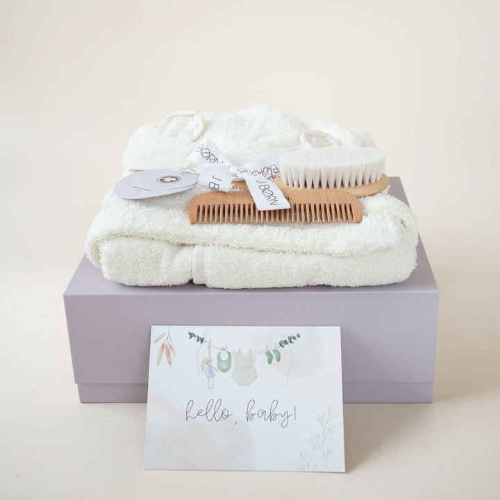 JBØRN Baby Gift Set | Organic Cotton Bathrobe & Hair Brush Set - Personalisable Baby Products Sold and Personalised by JustBørn