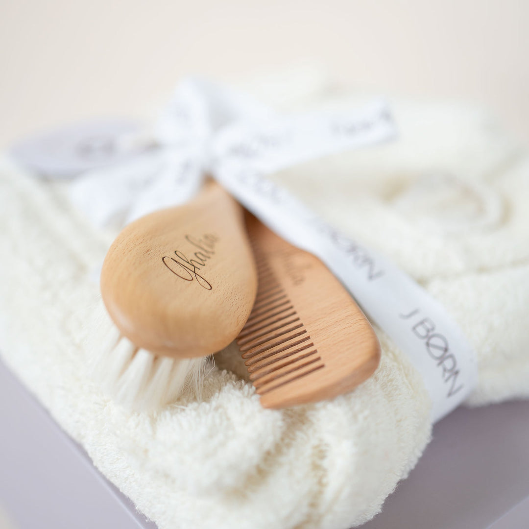 JBØRN Baby Gift Set | Organic Cotton Bathrobe & Hair Brush Set - Personalisable Baby Products Sold and Personalised by JustBørn