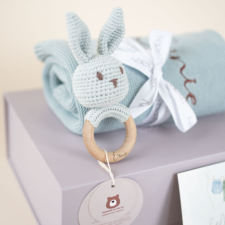 JBØRN Knitted Baby Blanket & Bunny Rattle Set - Personalisable Baby Products Sold and Personalised by JustBørn