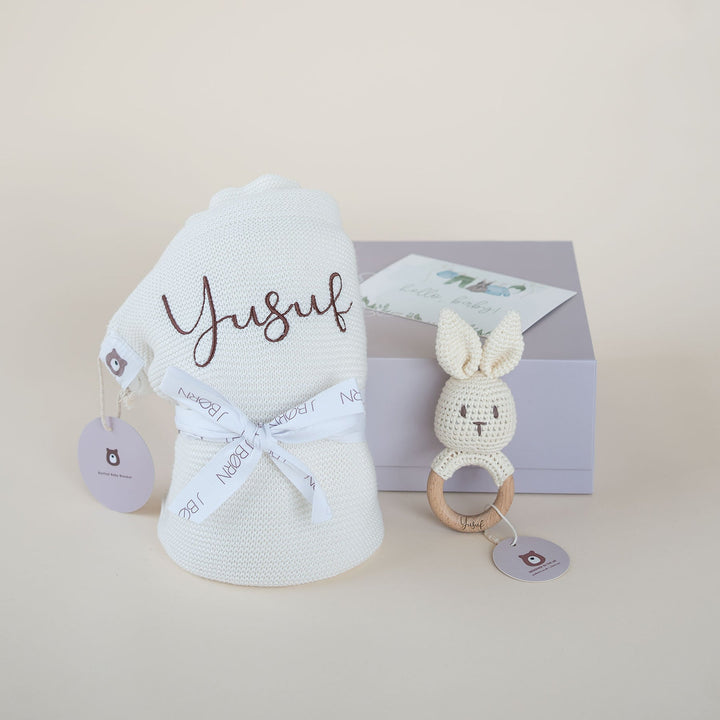 JBØRN Knitted Baby Blanket & Bunny Rattle Set - Personalisable Baby Products Sold and Personalised by JustBørn