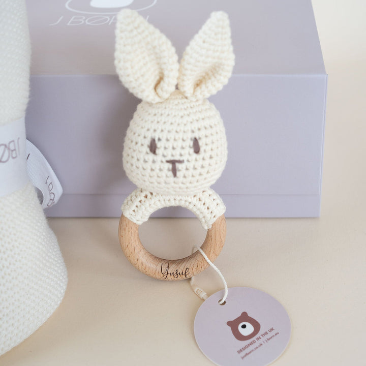 JBØRN Knitted Baby Blanket & Bunny Rattle Set - Personalisable Baby Products Sold and Personalised by JustBørn