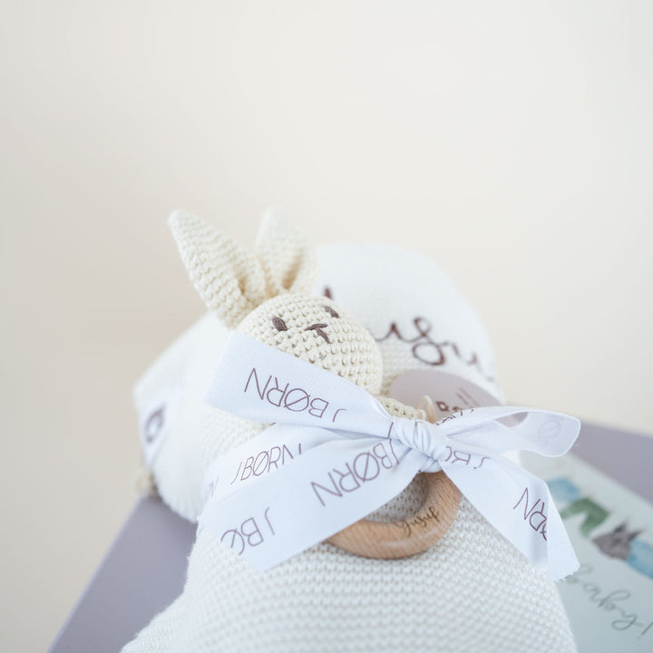 JBØRN Knitted Baby Blanket & Bunny Rattle Set - Personalisable Baby Products Sold and Personalised by JustBørn