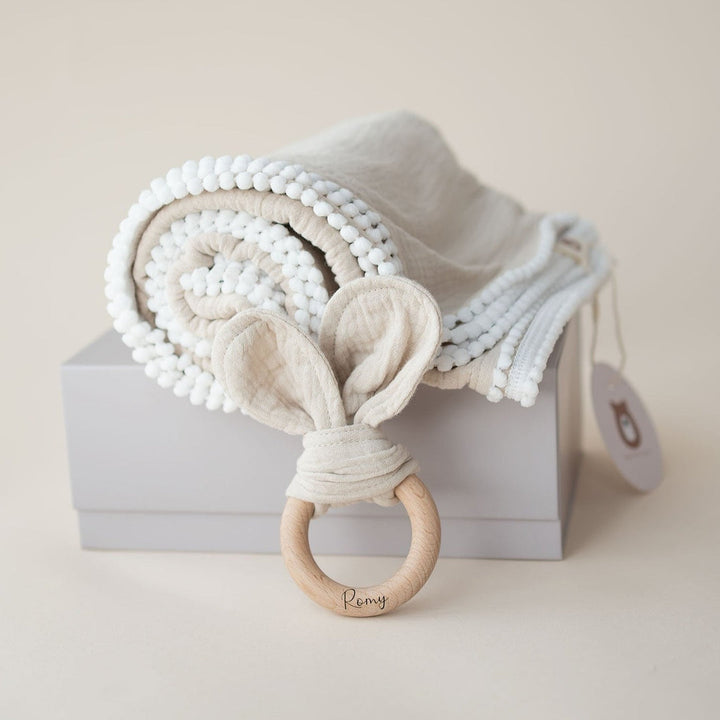 JBØRN Muslin Blanket & Wooden Teether Set | Organic Cotton Baby Swaddle - Personalisable Baby Products Sold and Personalised by JustBørn