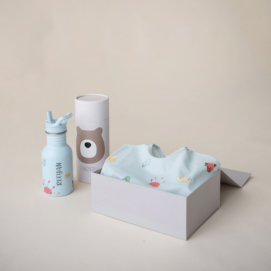 JBØRN First Birthday Gift Set | Personalised Water Bottle & Matching Sleeved Bib - Personalisable Baby Products Sold and Personalised by JustBørn