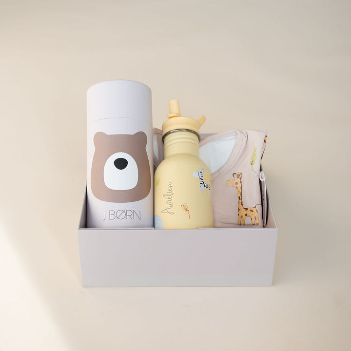 JBØRN First Birthday Gift Set | Personalised Water Bottle & Matching Sleeved Bib - Personalisable Baby Products Sold and Personalised by JustBørn