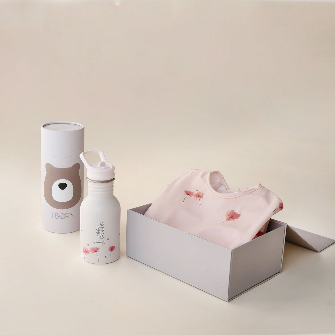 JBØRN First Birthday Gift Set | Personalised Water Bottle & Matching Sleeved Bib - Personalisable Baby Products Sold and Personalised by JustBørn