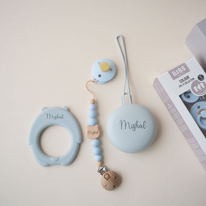 JBØRN x BIBS Baby Gift Set | First Pacifiers with Matching Holders & Teether - Personalisable Baby Products Sold and Personalised by JustBørn