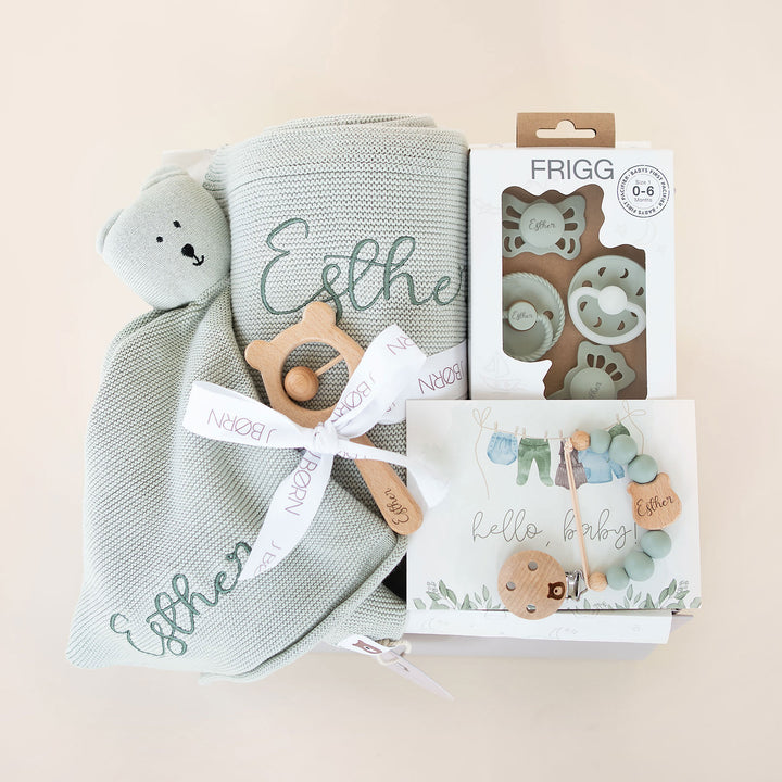 JBØRN Baby Gift Set | Luxury Newborn Bundle Sage - Personalisable Baby Products Sold and Personalised by JustBørn