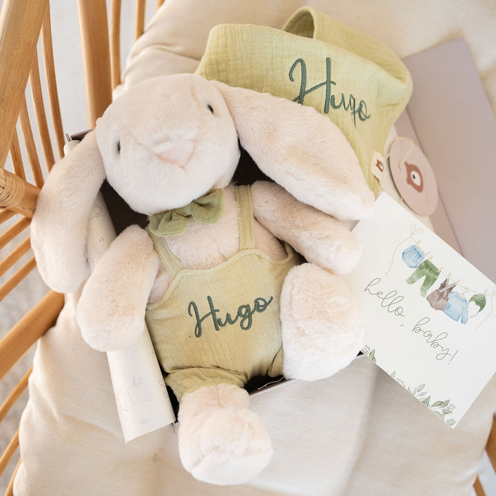 JBØRN Baby Gift Set | Bunny Soft Toy & Matching Muslin Baby Bib - Personalisable Baby Products Sold and Personalised by JustBørn