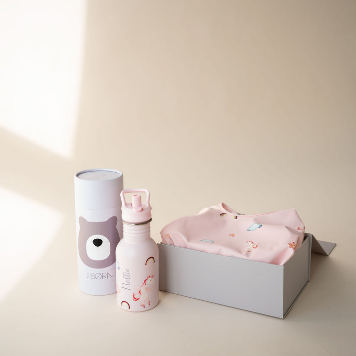JBØRN First Birthday Gift Set | Personalised Water Bottle & Matching Sleeved Bib - Personalisable Baby Products Sold and Personalised by JustBørn