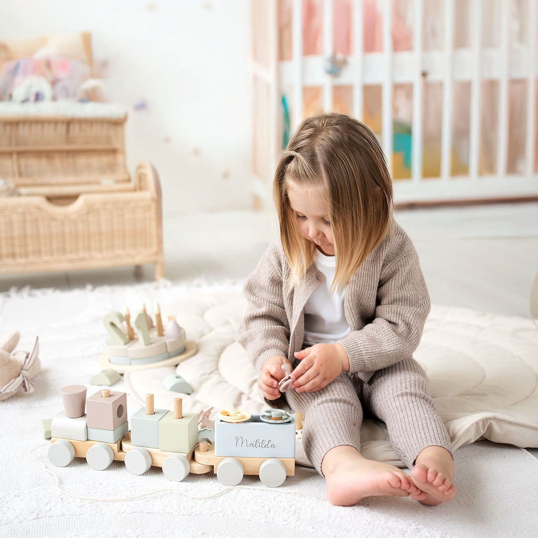 JBØRN Personalised Wooden Pull-Along Stacking Train Set - Personalisable Baby Products Sold and Personalised by JustBørn