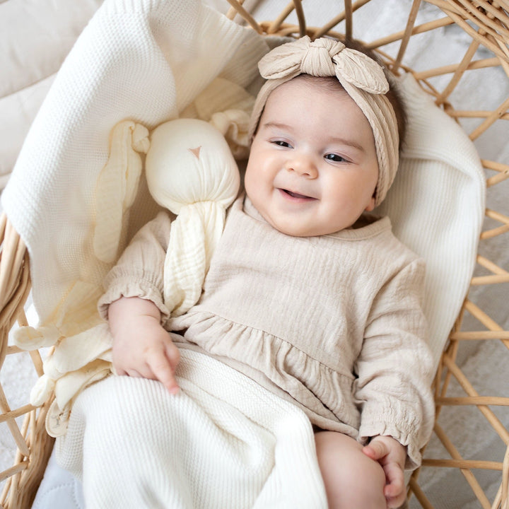 JBØRN Organic Cotton Muslin Baby Girl Dress and Bow - Personalisable Baby Products Sold and Personalised by JustBørn
