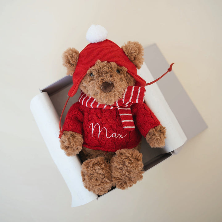 JBØRN Christmas Teddy Bear Soft Toy with Personalised Festive Outfit Add Gift Box Brown Festive Bear - Personalisable Baby Products Sold and Personalised by JustBørn