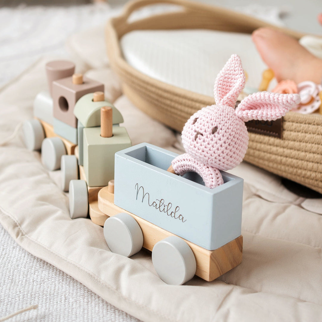 JBØRN Crochet Bunny Baby Rattle Toy - Personalisable Baby Products Sold and Personalised by JustBørn