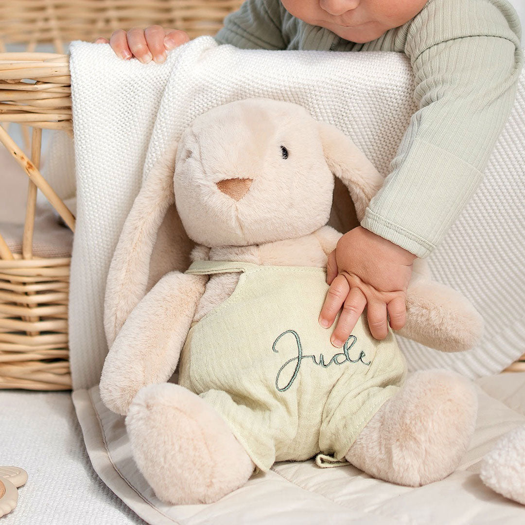 JBØRN Beige Bunny Soft Toy with Personalised Outfit - Personalisable Baby Products Sold and Personalised by JustBørn
