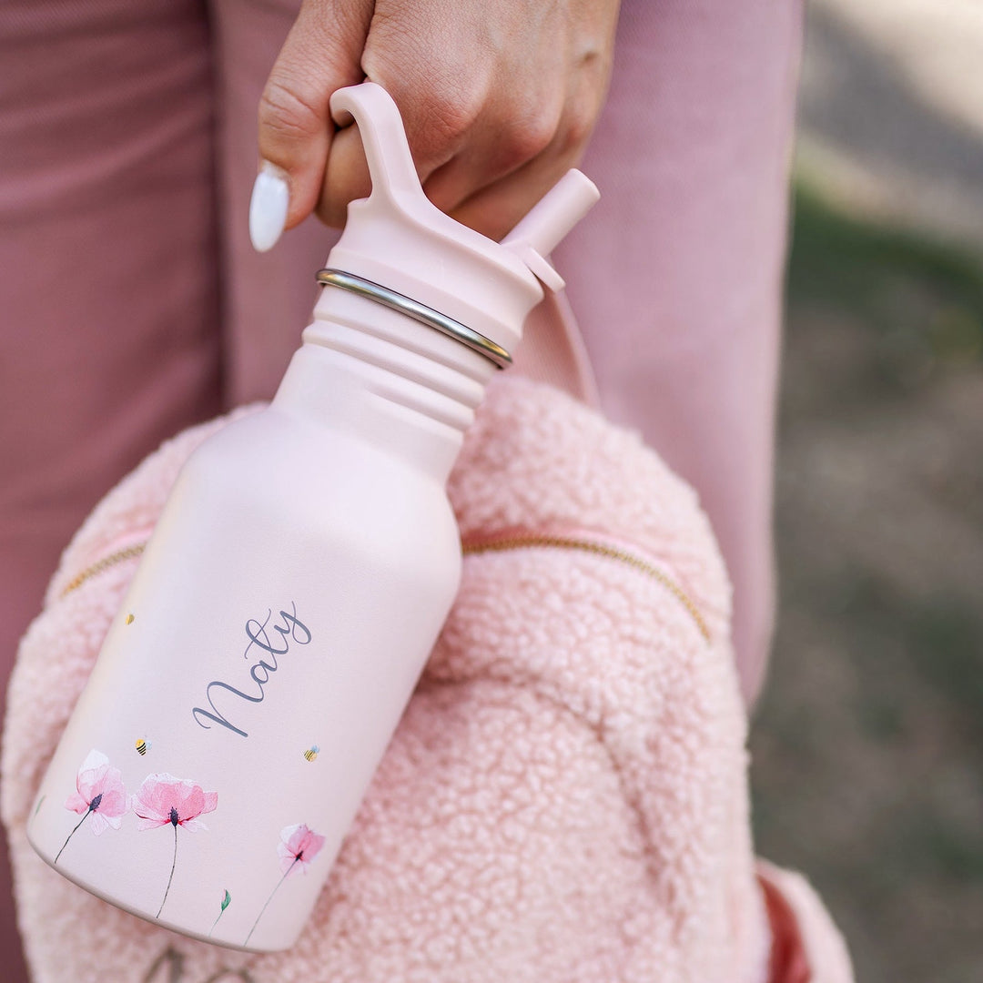 JBØRN Personalised Stainless Steel Kids Water Bottle Poppy Flowers - Personalisable Baby Products Sold and Personalised by JustBørn