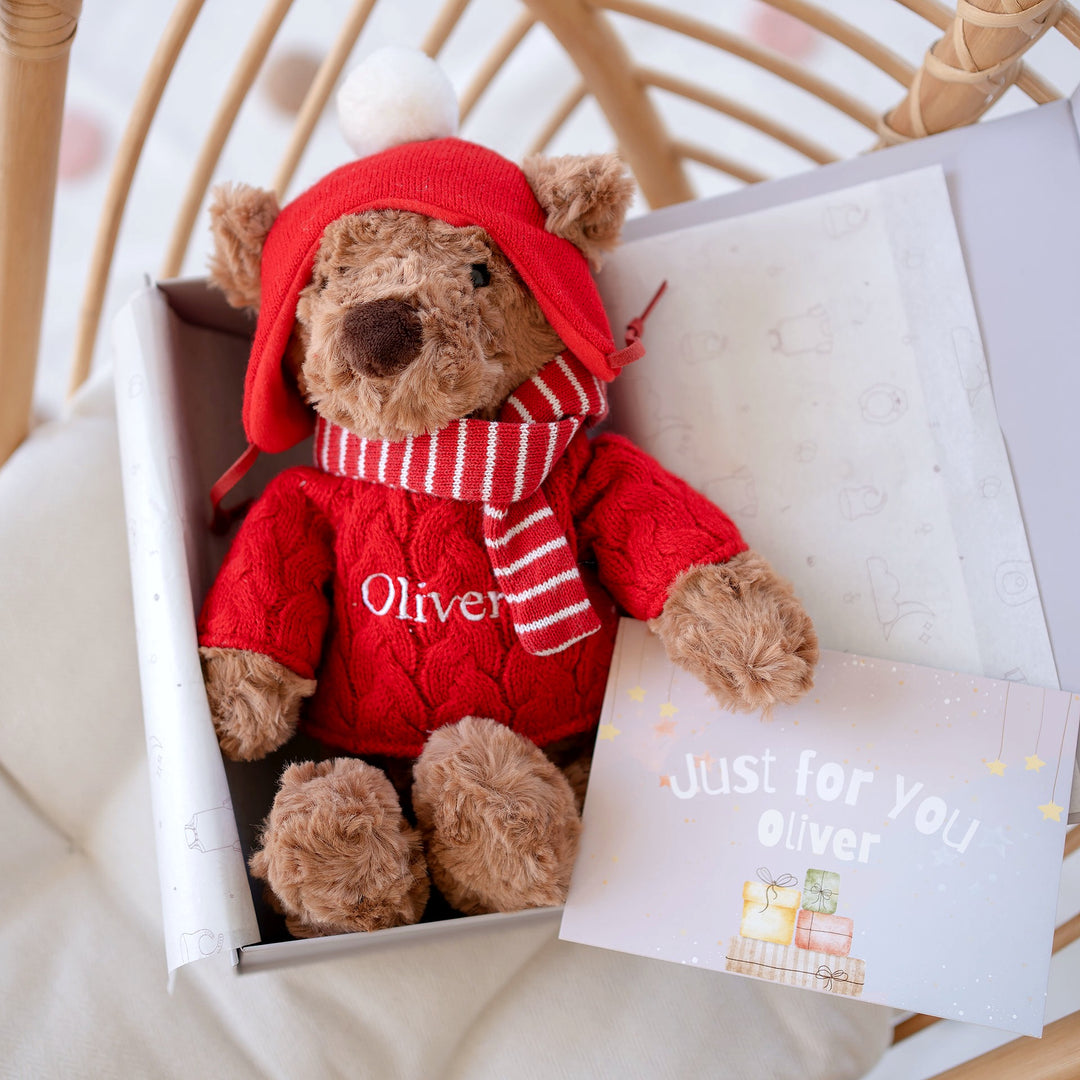 JBØRN-julebamse i plys med personlig festdragt - Personlige babyprodukter solgt og personliggjort af JustBørn